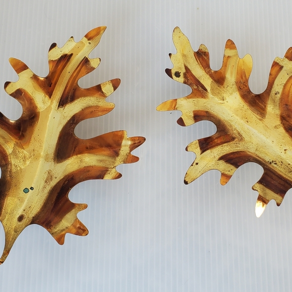 MCM Brutalist Brass Oak Leaf Wall Hangings Set of 2 Autumn Leaves Sconce VTG - Picture 5 of 8